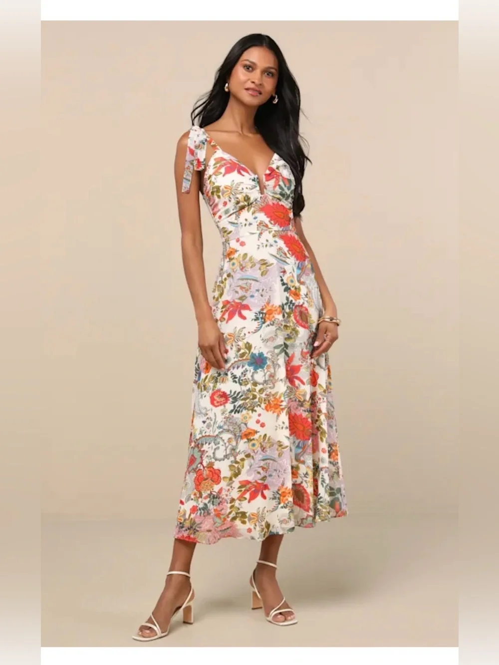 Lulus Simply Blissful Ivory Multi Floral Tie-strap A-line Midi Dress White - Picture 3 of 9